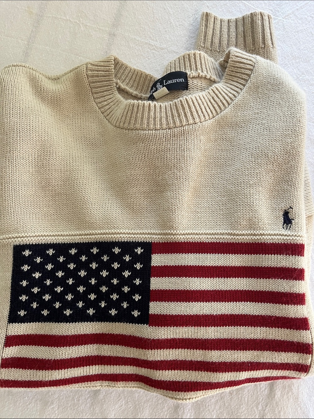 Ralph Lauren VTG Flag Sweater Sz 42 Tan